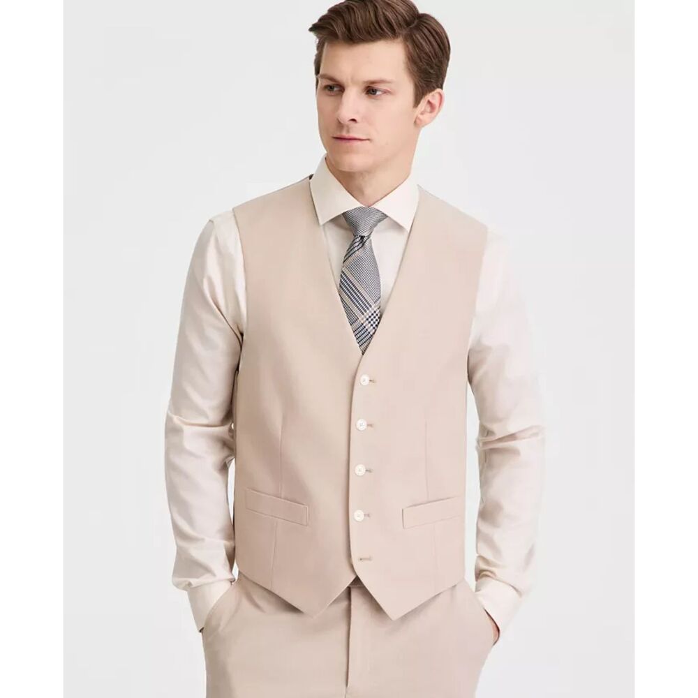 Tommy Hilfiger TH Flex Stretch Chambray Suit Vest (M) & Pants (32x30) Set Tan